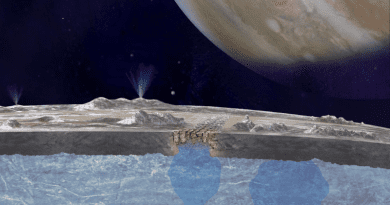 An artist’s interpretation of liquid water on the surface of the Europa pooling beneath chaos terrain. CREDIT: NASA/JPL-Caltech