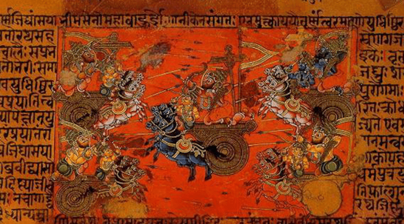 The Mahabharata and manuscript illustration of the battle of Kurukshetra. Credit: Public domain, Wikipedia Common