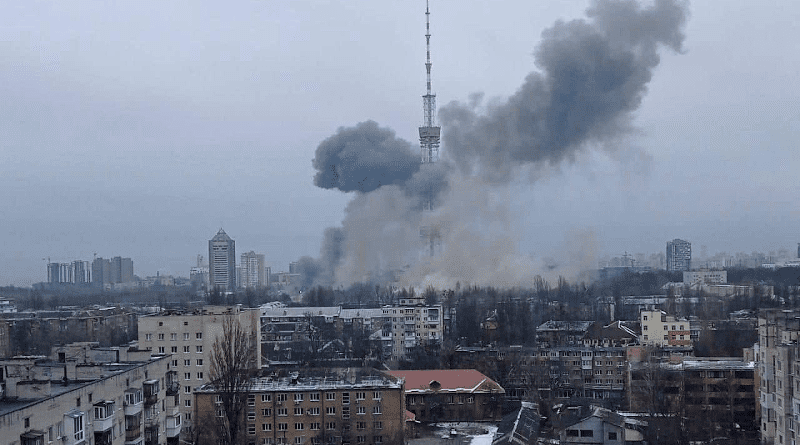 Russian bomb strikes news television tower in Kiev, Ukraine. Photo Credit: Ukraine Ministry of Defense