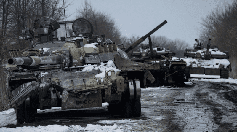 Destroyed Russian tanks line a road in the Sumy region of Ukraine. Photo Credit: Ukraine Defense Ministry