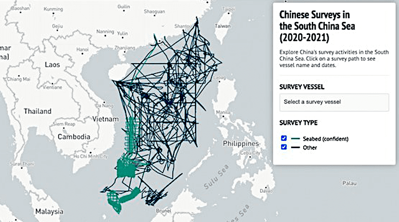 A map showing Chinese surveys in the South China Sea during 2020-2021. Credit: AMTI/CSIS