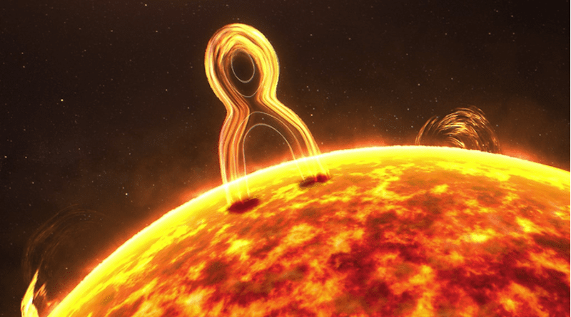 Solar flares and coronal mass ejections on the sun are caused by “magnetic reconnection”—when magnetic field lines of opposite directions merge, rejoin and snap apart, creating explosions that release massive amounts of energy. CREDIT: Image Courtesy of NASA Conceptual Image Laboratory.