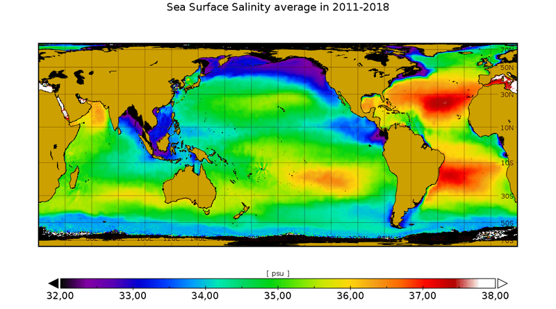 Figure showing the average sea surface salinity of the world' s seas and oceans during the period 2011-2018 / ICM-CSIC.