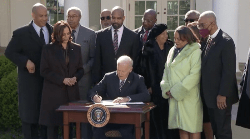 US President Joe Biden signs the Emmett Till Antilynching Act into law. Photo Credit: Screenshot White House video