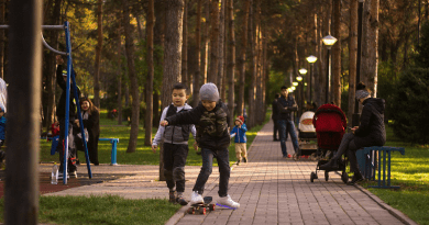 Children play in a park in Almaty, Kazakhstan.
