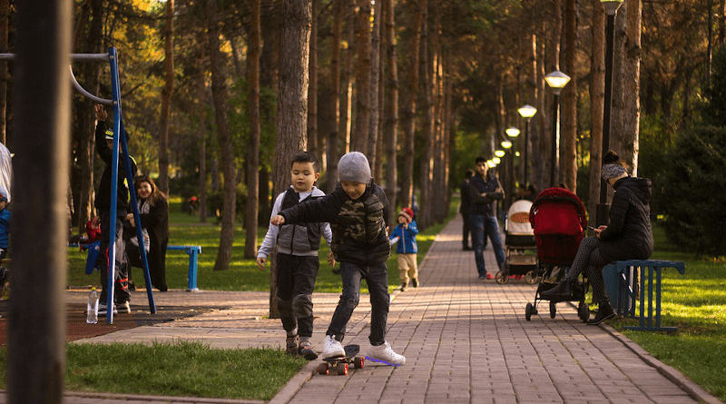 Children play in a park in Almaty, Kazakhstan.