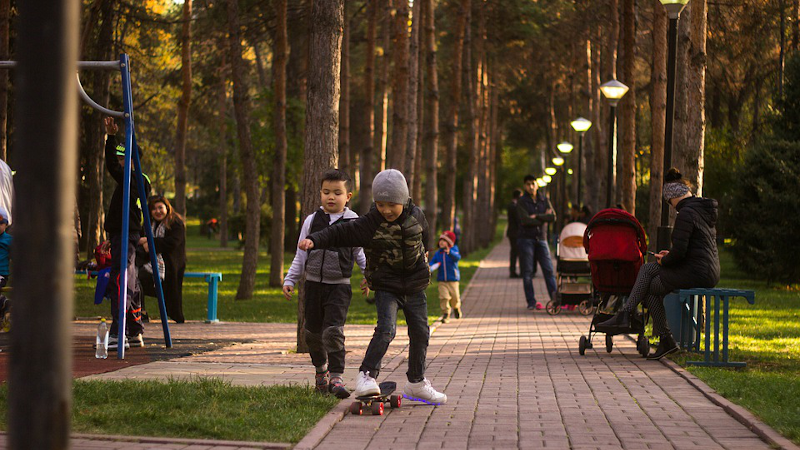 Children play in a park in Almaty, Kazakhstan.