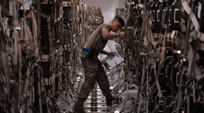 Senior Airman Jansen Esteves, a 436th Aerial Port Squadron special handler, verifies shipment information for supplies bound for Ukraine at Dover Air Force Base, Del. Photo Credit: DoD