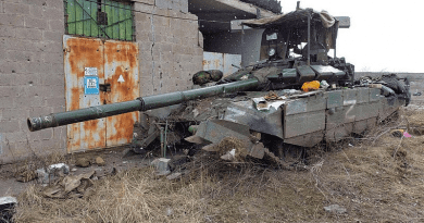 Russian tank with the letter "Z" painted on the side damaged by Ukrainian troops in Mariupol, Ukraine. Photo Credit: Mvs.gov.ua