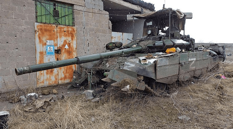 Russian tank with the letter "Z" painted on the side damaged by Ukrainian troops in Mariupol, Ukraine. Photo Credit: Mvs.gov.ua