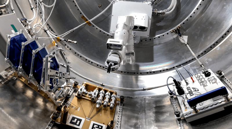 Complete configuration of the GITAI S1 inside the Bishop Airlock mock-up. The Nanoracks-GITAI Robotic Arm study demonstrates the versatility and dexterity in microgravity of a robot designed by GITAI Japan Inc. For the demonstration, the robot conducts common crew activities and tasks via supervised autonomy and teleoperations from the ground. CREDIT: NASA