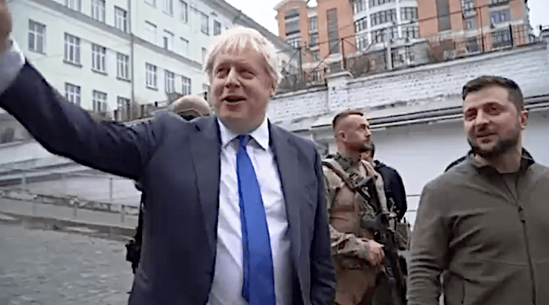 British Prime Minister Boris Johnson with Ukrainian President Volodymyr Zelenskyy in surprise visit to Kyiv. Photo Credit: Screenshot Ukraine Defense Ministry video