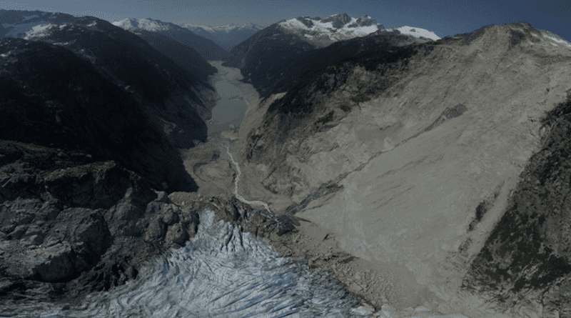 Looking down Elliot Creek valley from West Grenville Glacier; landslide is at right. CREDIT: Courtesy Hakai Institute