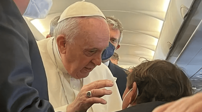 Pope Francis speaks to journalists aboard the papal flight to Malta on April 2, 2022. | Courtney Mares/CNA