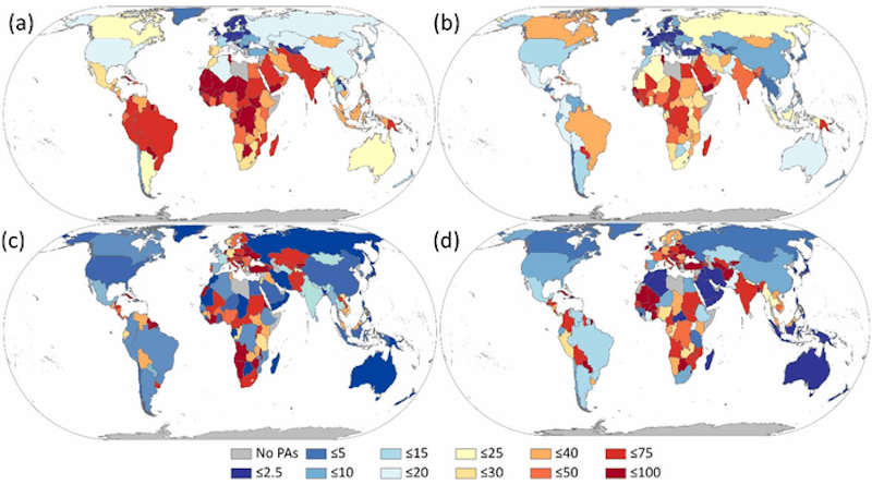 Maps depict the percent of each country's protected lands projected to have novel (a) or disappearing climates (b) (i.e. no source or destination analogs within 500 km, respectively). For the protected lands that do have analogs, maps depict the percent of protected source analogs that originate in a different country (c) and the percent of protected destination analogs that terminate a different country (d). CREDIT: Sean A Parks