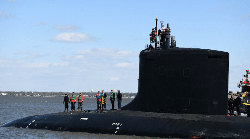 The USS Delaware arrives in Wilmington, Del., March 29, 2022. The Delaware’s 132-man crew traveled to Wilmington to participate in weeklong commemoration events in honor of its commissioning ceremony. Photo Credit: DoD