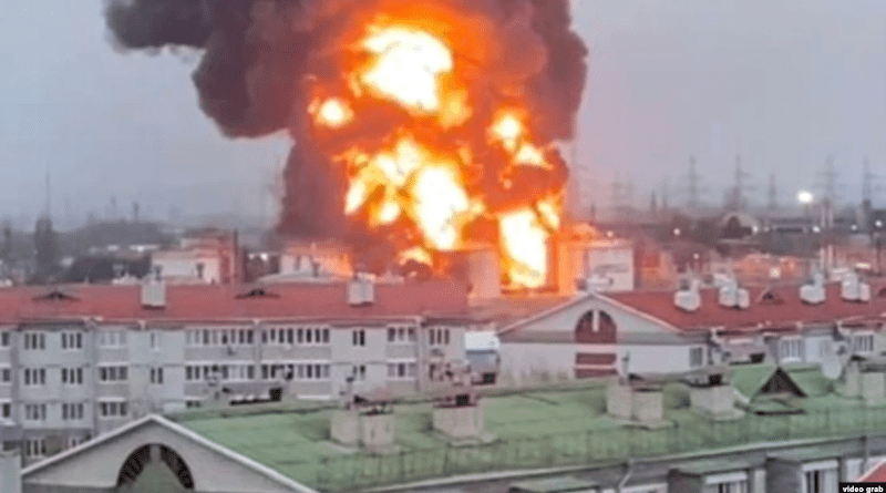 A video grab purportedly showing the destruction of a fuel depot in the Russian city of Belgorod on April 1. Credit: RFE/RL