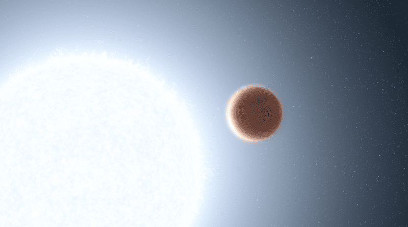 This is an artist's illustration of the planet KELT-20b which orbits a blue-white star. The giant planet is so close to its star (5 million miles) the torrent of ultraviolet radiation from the star heats the planet's atmosphere to over 3,000 degrees Fahrenheit. This creates a thermal layer where the atmosphere increases in temperature with altitude. This is the best evidence to date – gleaned from the Hubble Space Telescope – for a host star affecting a planet's atmosphere directly. The seething planet is 456 light-years away. CREDIT: Illustration: NASA, ESA, Leah Hustak (STScI)