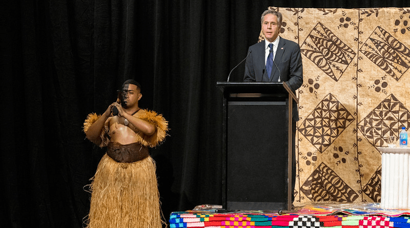 Secretary of State Antony J. Blinken meets with U.S. Embassy Suva employees and families in Nadi, Fiji, on February 12, 2022. [State Department photo by Ron Przysucha/ Public Domain]