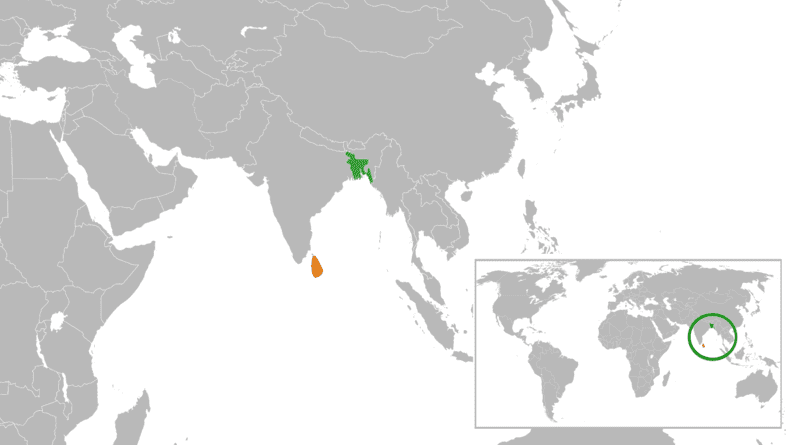 Locations of Bangladesh (green) and Sri Lanka. Credit: Wikimedia Commons