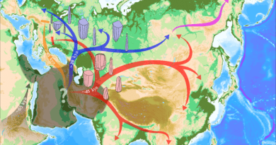 Schematic representation of the peopling of Eurasia through repeated waves of expansion from an out of Africa population Hub (grey-shaded area, precise location is not known); the red arrows represents the expansion associated with Initial Upper Paleolithic material culture and the blue arrows the expansion associated with Upper Paleolithic assemblages. Kya= kylo years ago. CREDIT: Leonardo Vallini, Giulia Marciani