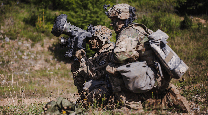 Soldiers prepare to fire an FMG-148 Javelin at a BMP-2M tank during a simulated urban engagement Aug. 20, 2020, at the Joint Multinational Readiness Center in the Hohenfels Training Area, Germany. The U.S. military is sending similar Javelin systems to Ukraine. Photo Credit: Army Sgt. John Yountz