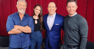 L-R: Actor Mel Gibson, writer and director Rosalind Ross, Raymond Arroyo of EWTN’s ‘The World Over’ and actor and producer Mark Wahlberg smile in Culver City, California, on March 22, 2022. | Courtesy of Raymond Arroyo/Sony