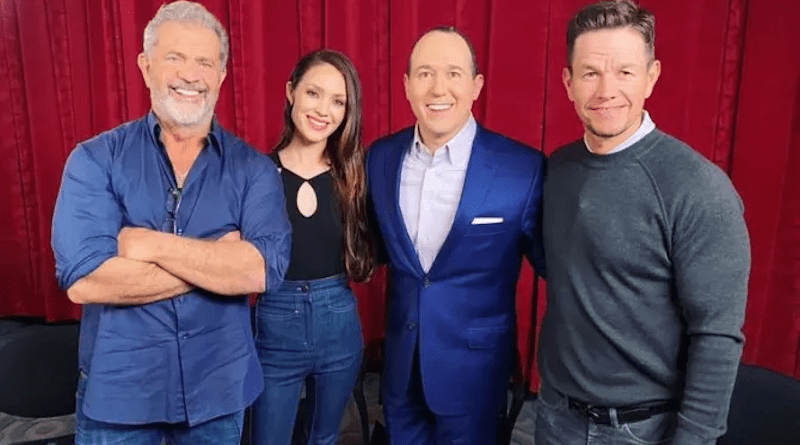 L-R: Actor Mel Gibson, writer and director Rosalind Ross, Raymond Arroyo of EWTN’s ‘The World Over’ and actor and producer Mark Wahlberg smile in Culver City, California, on March 22, 2022. | Courtesy of Raymond Arroyo/Sony
