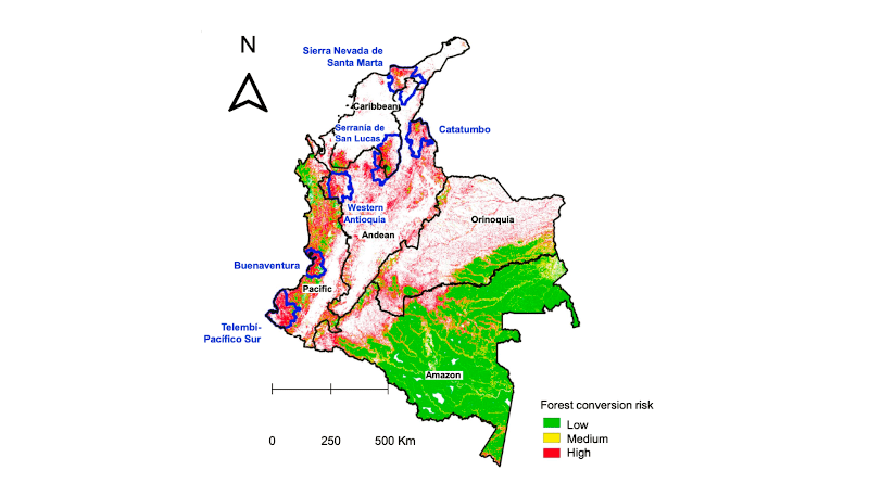 The deforestation risk for Colombia, from low to high risk. The presence of FARC was the most influential variable determining the fate of the deforested area, as the odds of forest conversion to coca crops over conversion to cattle or other crops in areas with presence of FARC is 308.04% higher than the odds in areas without FARC. CREDIT: Camila Guerrero-Pineda, Arizona State University
