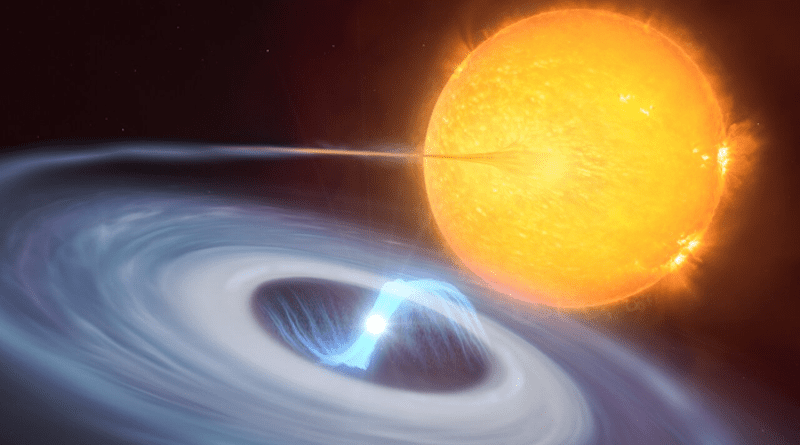 This artist’s impression shows a two-star system where micronovae may occur. The blue disc swirling around the bright white dwarf in the centre of the image is made up of material, mostly hydrogen, stolen from its companion star. Towards the centre of the disc, the white dwarf uses its strong magnetic fields to funnel the hydrogen towards its poles. As the material falls on the hot surface of the star, it triggers a micronova explosion, contained by the magnetic fields at one of the white dwarf’s poles. Credit: ESO/M. Kornmesser, L. Calçada [