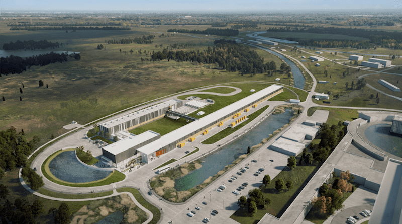 The PIP-II project received CD-3 approval from the U.S. Department of Energy. When complete, it will provide more powerful beams of protons to Fermilab experiments. This rendering shows the site of the PIP-II complex on the Fermilab campus. CREDIT: Fermilab