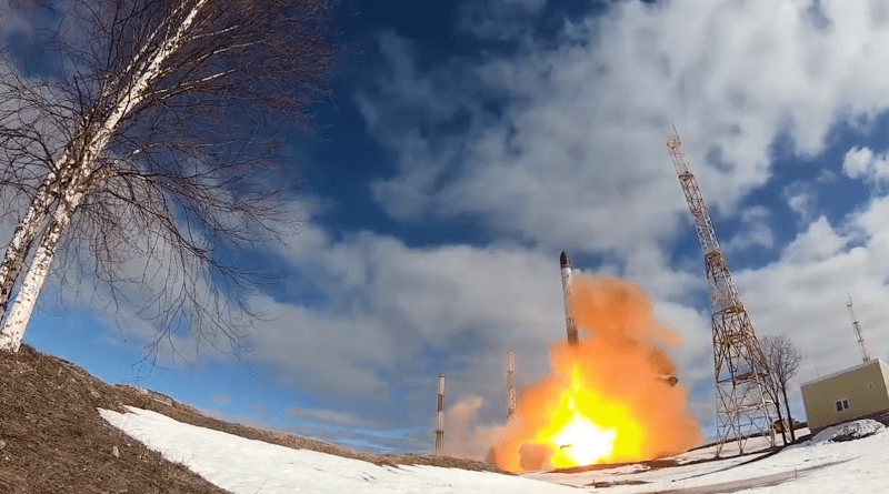 Russia launches Sarmat intercontinental ballistic missile at the Plesetsk testing field on April 20. Photo Credit: Russian Defense Ministry video screenshot