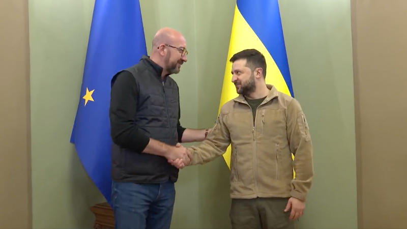 Charles Michel, President of the European Council, with Ukraine's President Volodymyr Zelenskyy. Photo Credit: Ukraine government video screenshot