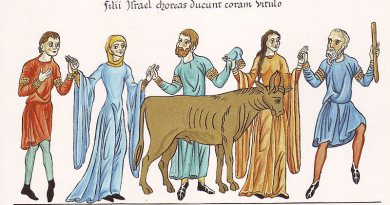 The Adoration of the Golden Calf – Picture from the Hortus deliciarum of Herrad of Landsberg (12th century), Wikipedia Commons