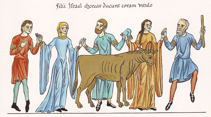 The Adoration of the Golden Calf – Picture from the Hortus deliciarum of Herrad of Landsberg (12th century), Wikipedia Commons