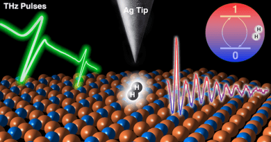 In the ultrahigh vacuum of a scanning tunneling microscope, a hydrogen molecule is held between the silver tip and sample. Femtosecond bursts of a terahertz laser excite the molecule, turning it into a quantum sensor. CREDIT: Wilson Ho Lab, UCI
