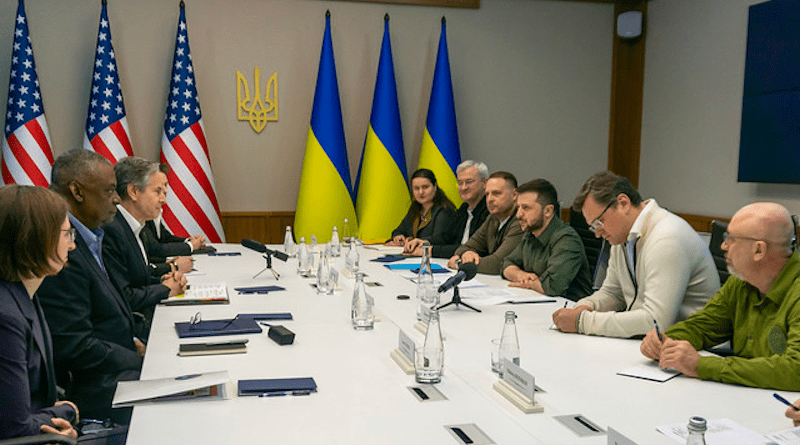 Secretary of State Antony J. Blinken and Secretary of Defense Lloyd J. Austin III meet with Ukraine's President Volodymyr Zelenskyy in visit to Kyiv on April 24, 2022. [Public Domain]