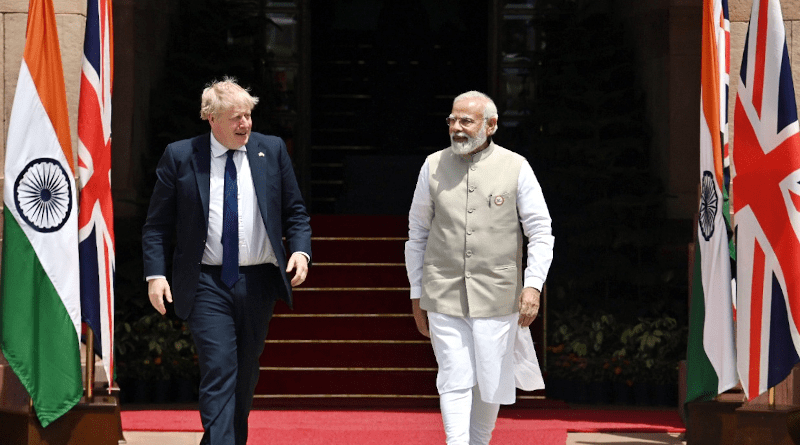 India's PM Narendra Modi meeting the Prime Minister of the United Kingdom, Mr. Boris Johnson, at Hyderabad House, in New Delhi on April 22, 2022. Photo Credit: India PM Office