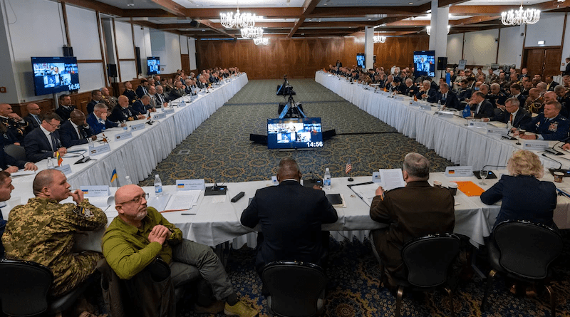 Defense Secretary Lloyd J. Austin III, center foreground, hosts a Ukraine Defense Consultative Group meeting with representatives from more than 40 nations at Ramstein Air Base, Germany, to discuss current and future defense needs of Ukraine, April 26, 2022. Photo Credit: Chad McNeeley, DOD