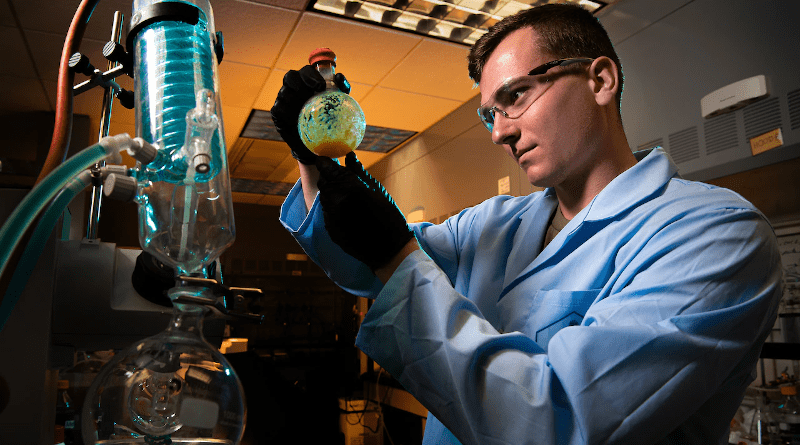 Cadet Zachary Auleciems performs research on chemicals in one of the labs in Gregory Hall at the U.S. Air Force Academy, Colorado Springs, Colo., Oct. 26, 2021. Photo Credit: Trevor Cokley, Air Force