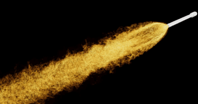 Rocket exhaust plume at 30 km as obtained by high-resolution computational fluid dynamics simulations. Temperature varies from 680 K (dark yellow) to 2,400 K (bright yellow). CREDIT: Ioannis Kokkinankis, Dimitris Drikakis, University of Nicosia, Cyprus