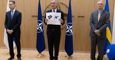 Finland's Ambassador to NATO Klaus Korhonen and Sweden's Ambassador to NATO Axel Wernhoff present NATO Secretary General Jens Stoltenberg official letters of application for their respective countries to join NATO. Photo Credit: NATO