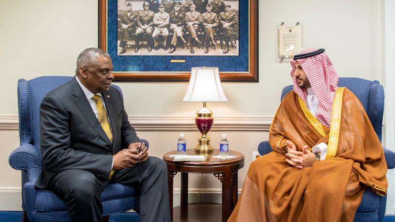 Prince Khalid bin Salman, Saudi deputy minister of defense, meets with US Defense Secretary Lloyd Austin. (Twitter)