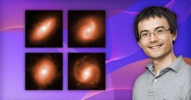 Physicist Kenan Qu with images of fast radio burst in two galaxies.Top and bottom photos at left show the galaxies, with digitally enhanced photos shown at the right. Dotted oval lines mark burst locations in the galaxies. CREDIT: Qu photo by Elle Starkman; galaxy photos courtesy of NASA; collage by Kiran Sudarsanan.