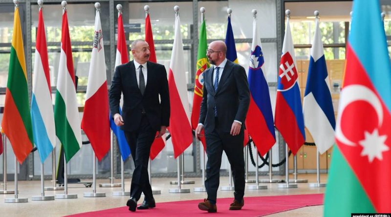 Azerbaijani President Ilham Aliyev (left) and European Council President Charles Michel in Brussels on May 22. Photo Credit: RFE/RL