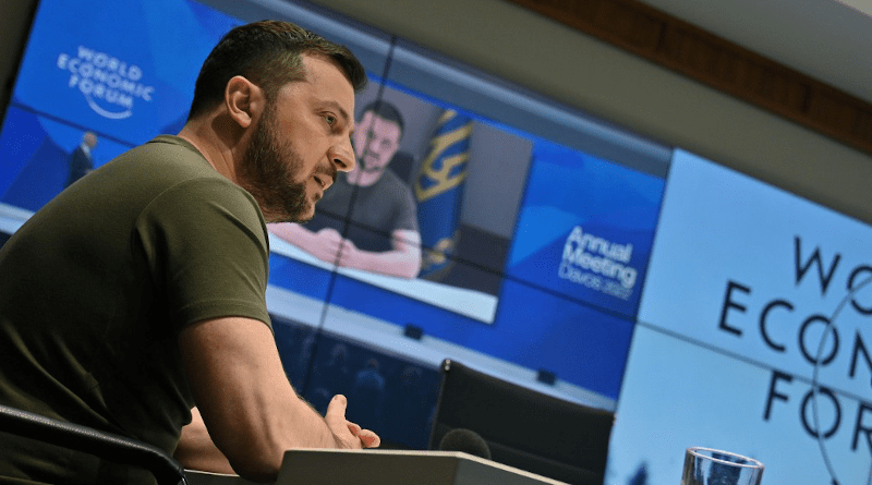 Volodymyr Zelenskyy, President of Ukraine, in a live video address to the World Economic Forum Annual Meeting 2022 in Davos-Klosters. Photo Credit: President.gov.ua