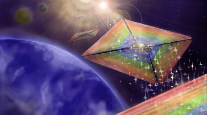 Diffractive solar sails, depicted in this conceptual illustration, could enable missions to hard-to-reach places, like orbits over the Sun's poles. Credits: MacKenzi Martin