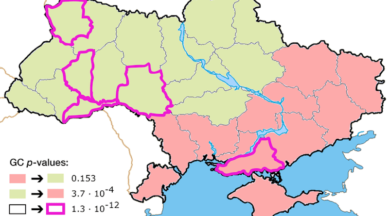 A map of Ukraine, with green and red regions marking pro-West and pro-Russian, but the purple outlined regions are more relevant to the war. CREDIT: Massimiliano Zanin and Johann H. Martíne