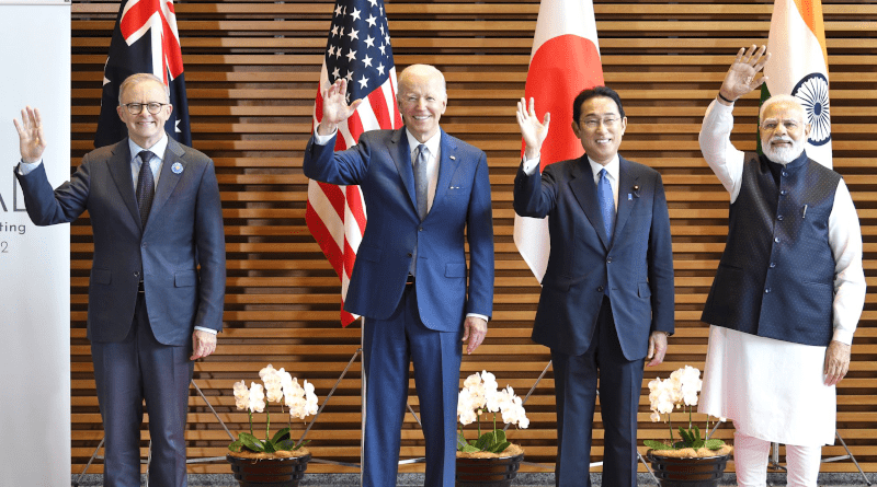 (L-R) Australian Prime Minister Anthony Albanese, US President Joe Biden, Japanese Prime Minister Fumio Kishida, and Indian Prime Minister Narendra Modi wave to the media prior to the Quad meeting at the Kishida's office in Tokyo, May 24, 2022. Photo Credit: PM India Office