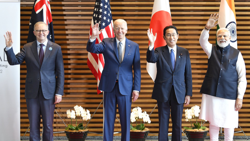 (L-R) Australian Prime Minister Anthony Albanese, US President Joe Biden, Japanese Prime Minister Fumio Kishida, and Indian Prime Minister Narendra Modi wave to the media prior to the Quad meeting at the Kishida's office in Tokyo, May 24, 2022. Photo Credit: PM India Office